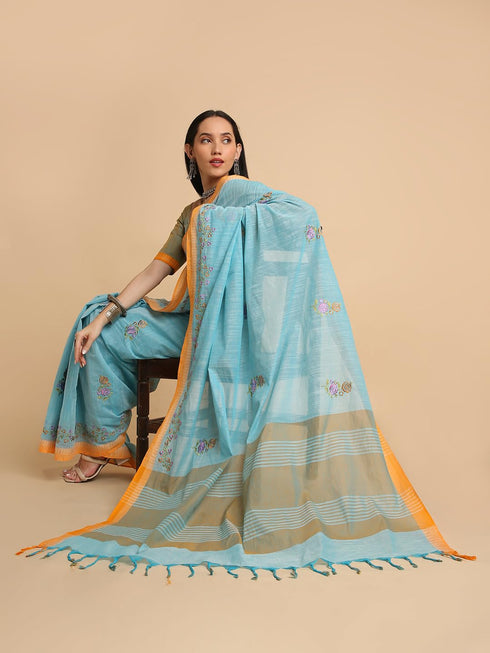 Vasthrlay Handloom Embroidered Apricot Saree