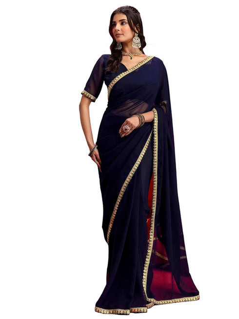 Vasthrlay Georgette Printed Navy Navy Blue Saree