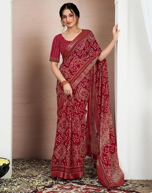 Vasthrlay Chiffon Bandhani Unstitched Yellow Saree