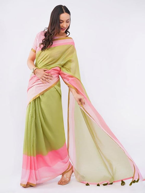 Vasthrlay Womens Green And Pink Striped Printed Linen Saree With Pink Solid Linen Unstitched Blouse Piece Featuring Bold Horizontal Colorblock Patterns And Zari Border