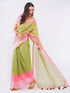 Vasthrlay Womens Green And Pink Striped Printed Linen Saree With Pink Solid Linen Unstitched Blouse Piece Featuring Bold Horizontal Colorblock Patterns And Zari Border