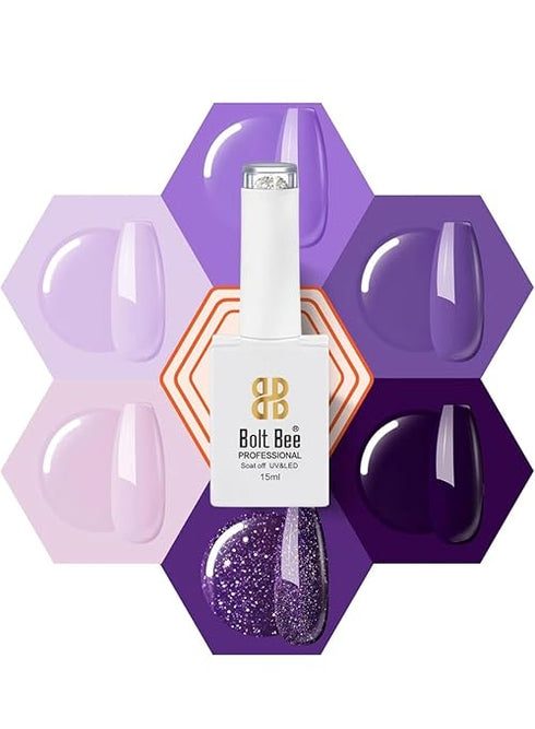 Bolt Bee Gel Nail Polish Kit Set - Purple Glitter 6 Colors LED Nail Art Soak Off