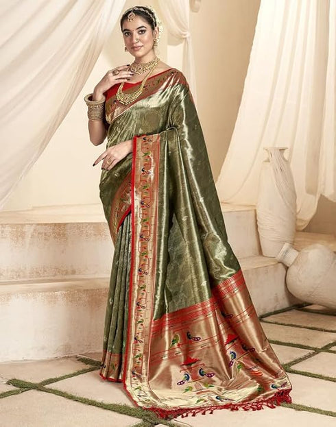 Vasthrlay Womens Paithani Unstitched Orange Saree