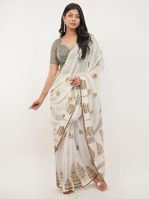 Vasthrlay Off White Multi Print Design Linen Ready To Wear Saree