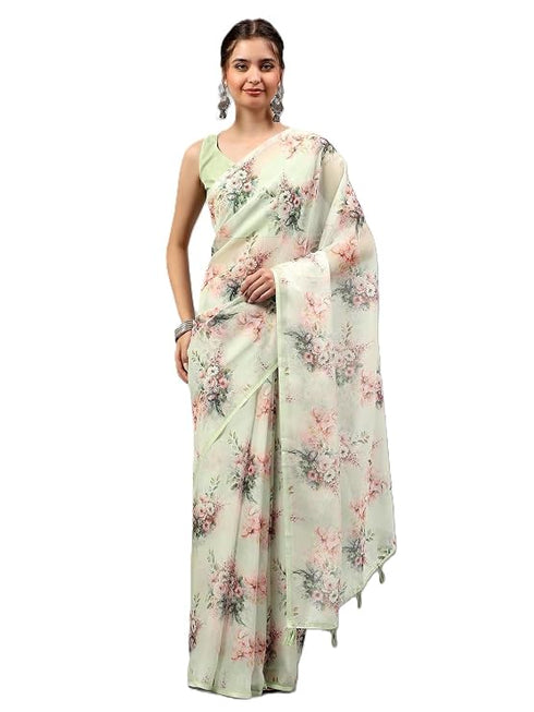 Vasthrlay Green1 Sheer Floral Printed Art Chiffon Saree With Unstitched Blouse