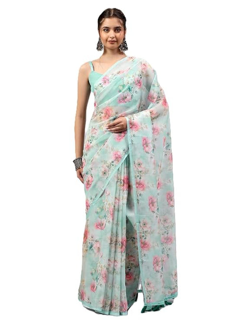 Vasthrlay Blue Sheer Spring Floral Printed Art Chiffon Saree With Unstitched Blouse