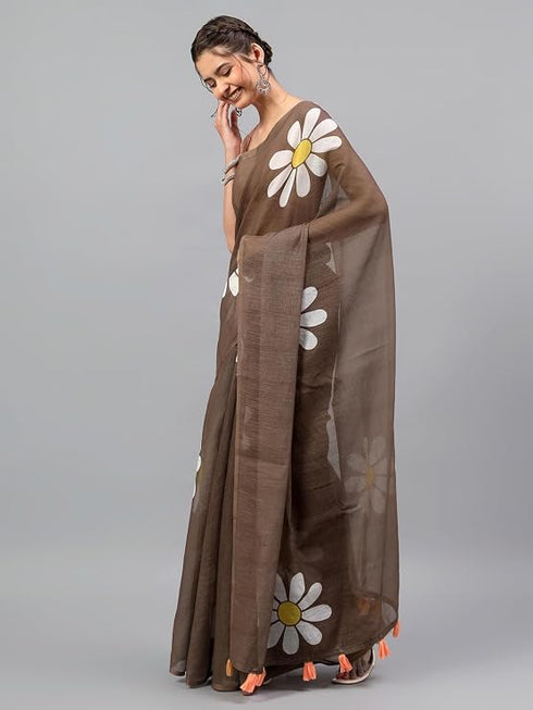 Vasthrlay Brown Linen Floral Printed Saree With Solid Unstitched Linen Blouse Piece