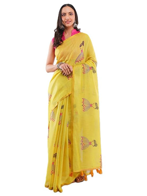 Vasthrlay Yellow Womens Violet Lavender Daisy Floral Prints Linen Saree With Zari Border And Unstitched Blouse Piece