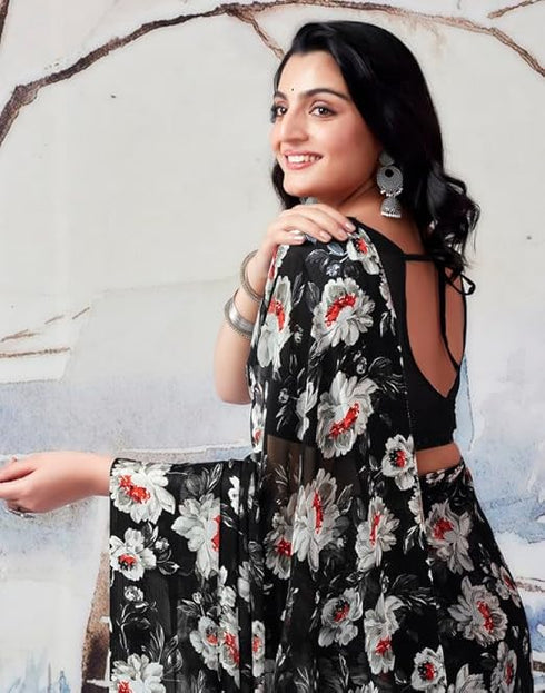 Vasthrlay Georgette Sequence Unstitched Black Saree