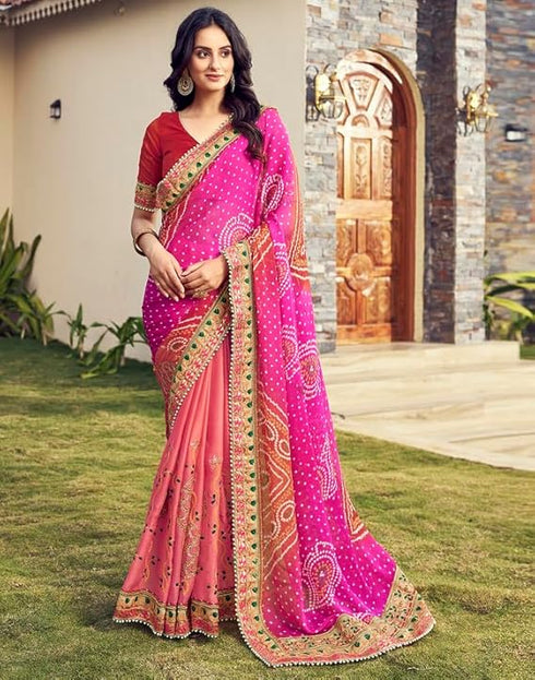 Vasthrlay Bandhani Embroidery Unstitched Red Saree
