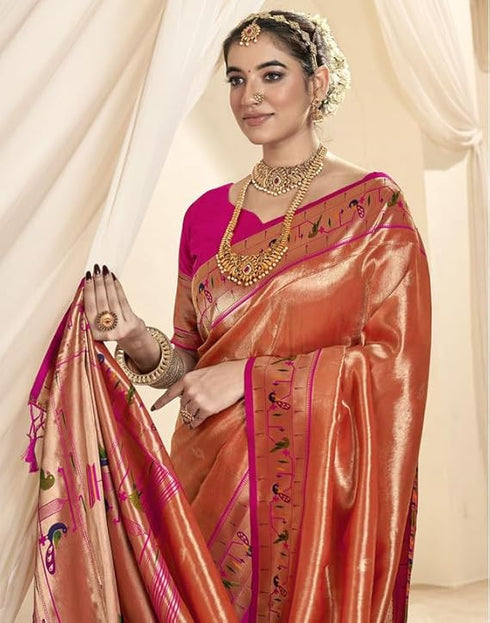Vasthrlay Paithani Jacquard Unstitched Pink Saree