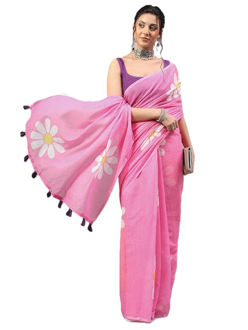 Vasthrlay Pink Linen Floral Printed Saree With Solid Unstitched Linen Blouse Piece