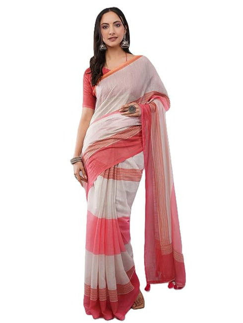 Vasthrlay Red Linen Floral | Striped | Check Design Printed Saree With Solid Unstitched Linen Blouse Piece