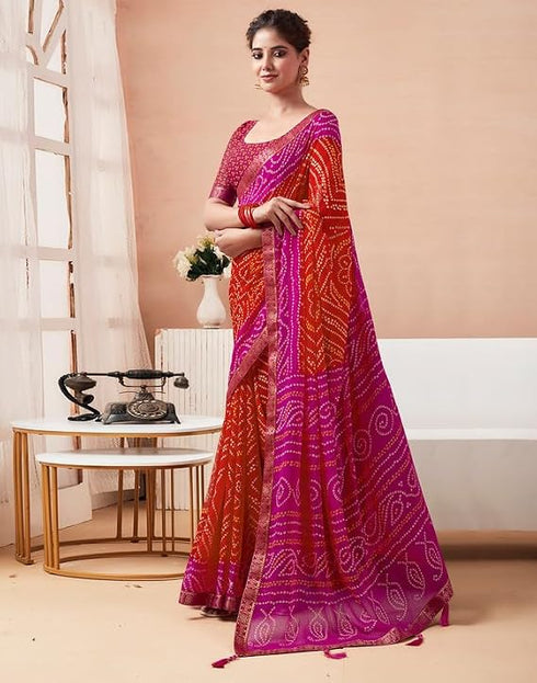 Vasthrlay Bandhani Printed Chiffon Magenta And Orange Saree With Unstitched Blouse Piece
