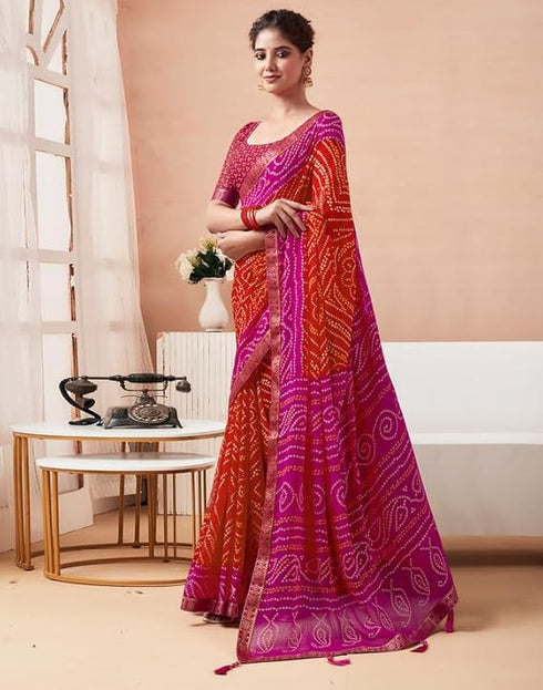 Vasthrlay Bandhani Printed Chiffon Orange Saree