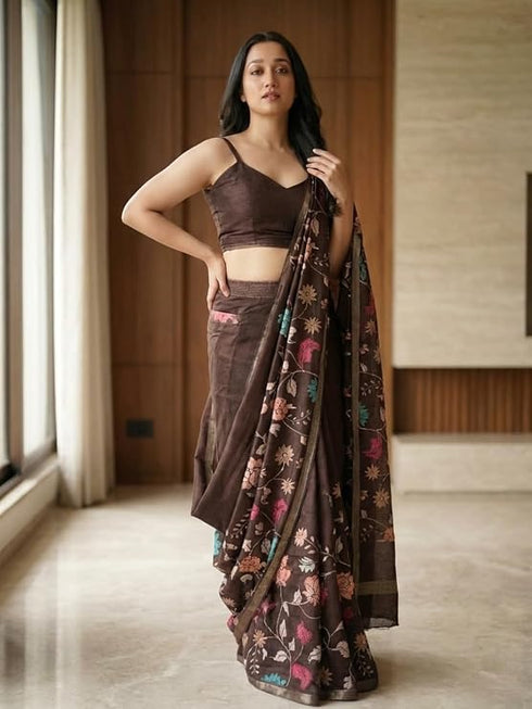 Vasthrlay Brown Floral Print Ready To Wear Linen Saree