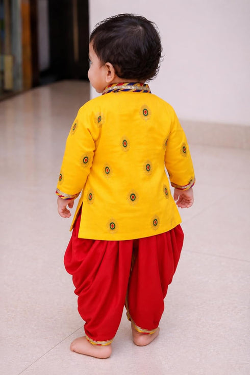 Fancy Zari Print Krishna Dress for Baby Boys, Kurta with Dhoti, Yellow and Red