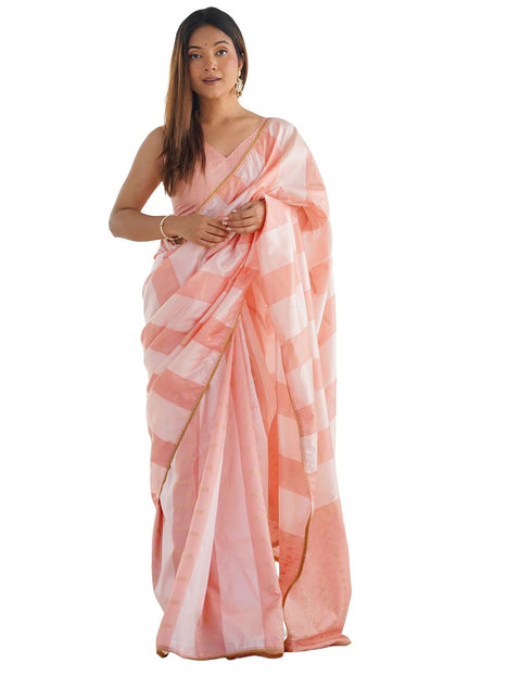 Vasthrlay Embroidery Scalloped Peach Saree With Unstitched Blouse Piece
