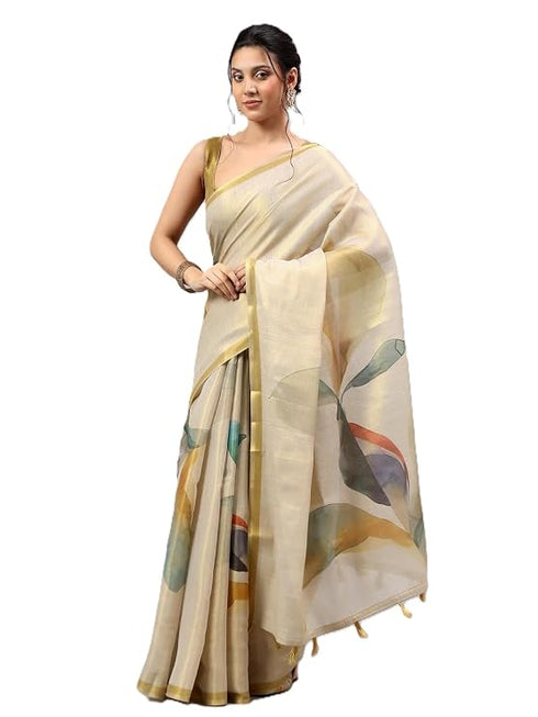 Vasthrlay Beige Heavy Zari Woven Silk Ethnic Saree With Unstitched Blouse