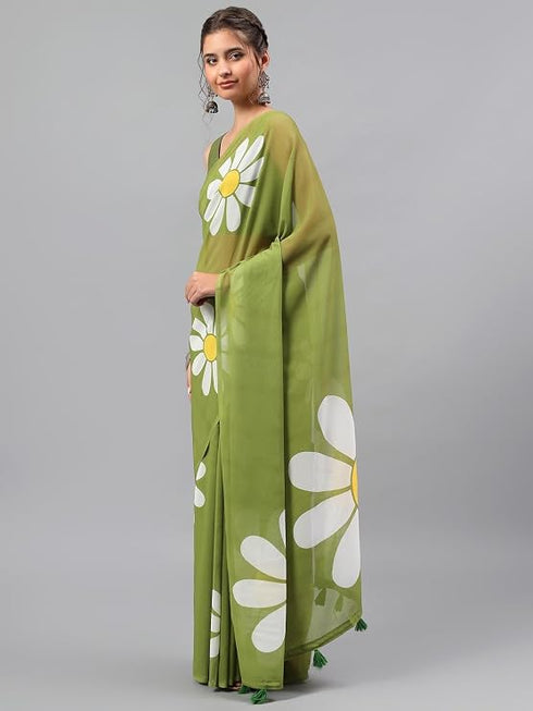 Vasthrlay Green Georgette Floral Printed Saree With Solid Unstitched Georgette Blouse Piece