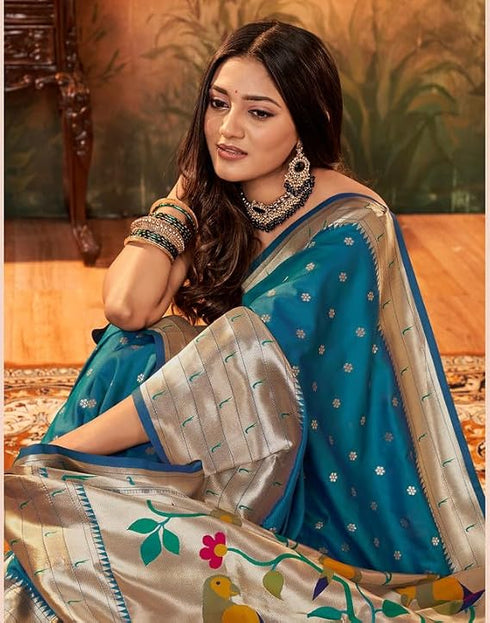 Vasthrlay Paithani Jacquard Light Blue Saree With Unstitched Blouse Piece