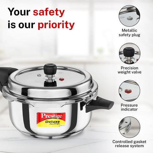 Prestige 5 Litre Stainless Steel Deluxe Alpha Svachh Outer Lid Deep Pressure Pan Cooker
