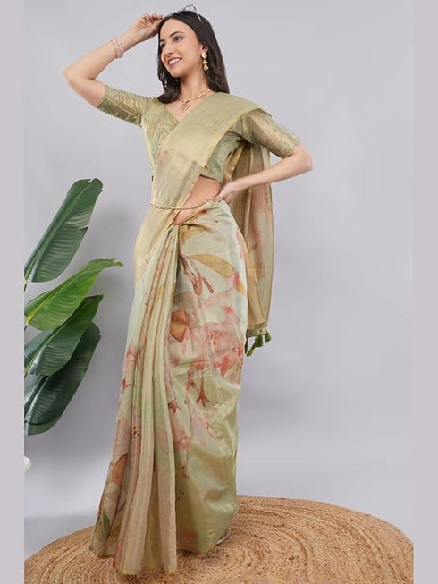 Vasthrlay Green1 Floral And Solid Design Polyester Saree With Unstitched Blouse Piece