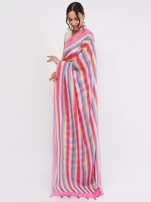 Vasthrlay Womens Multicolour1 Kathakali Print Linen Saree With Gold Zari Border And Unstitched Blouse Piece