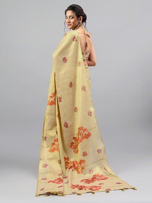 Vasthrlay Beige Floral And Solid Design Polyester Saree With Unstitched Blouse Piece