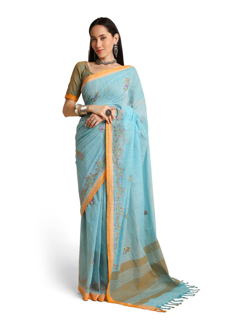 Vasthrlay Handloom Embroidered Apricot Saree