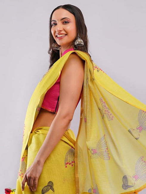 Vasthrlay Yellow Daisy Floral Prints Linen Saree With Zari Border And Unstitched Blouse Piece
