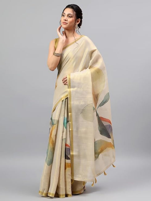 Vasthrlay Beige Heavy Zari Woven Silk Ethnic Saree With Unstitched Blouse