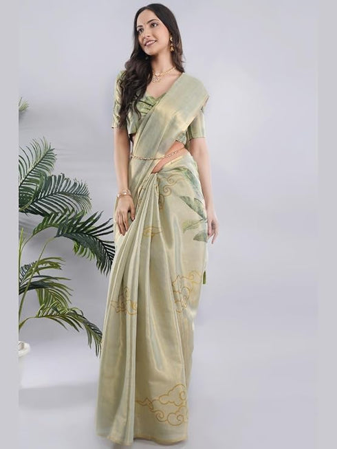 Vasthrlay Green Floral And Solid Design Polyester Saree With Unstitched Blouse Piece