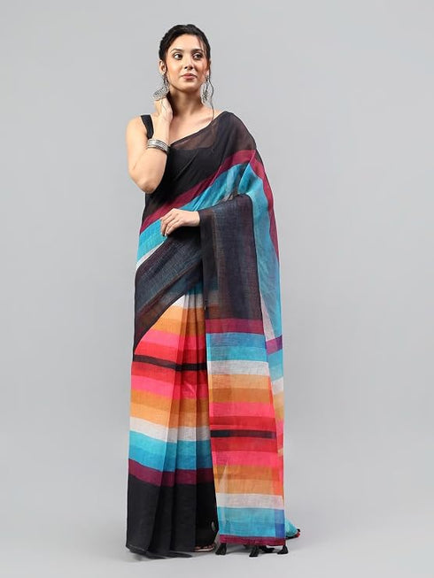 Vasthrlay Multicolor1 Linen Floral | Striped | Check Design Printed Saree With Solid Unstitched Linen Blouse Piece