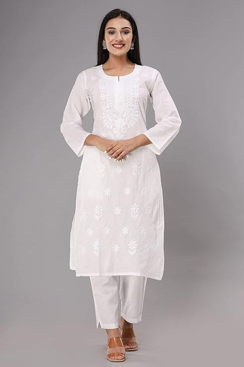 Vasthrlay Women's Chikan Computer Embroidery White Pure Cotton Straight Kurta