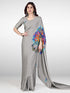 Vasthrlay Printed Kaftan Freehand Grey Women's Satin Saree With Unstitched Blouse Piece