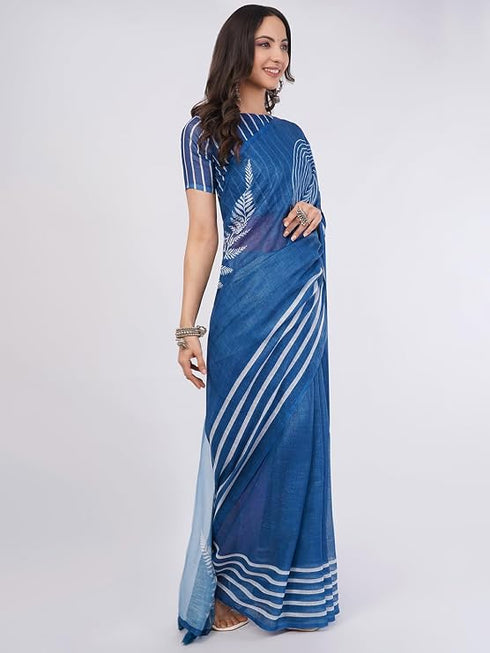 Vasthrlay Blue2 Linen Floral | Striped | Check Design Printed Saree With Solid Unstitched Linen Blouse Piece