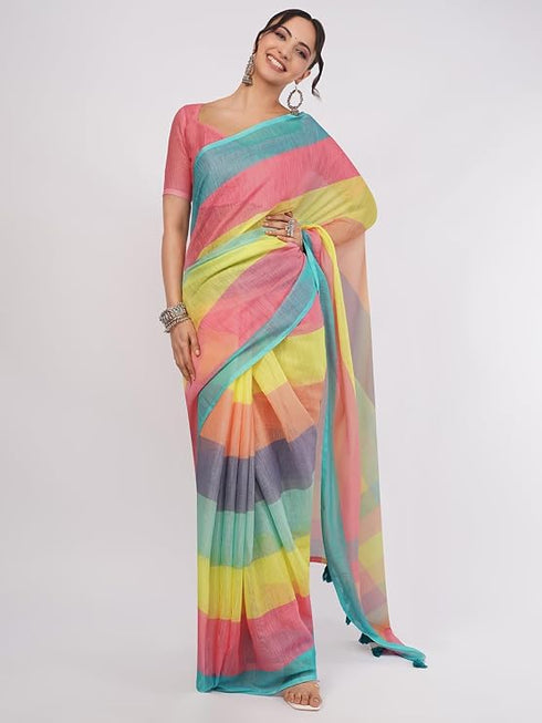 Vasthrlay Peach Striped | Floral | Solid Print Design Linen Saree With Solid Unstitched Linen Blouse Piece