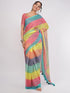 Vasthrlay Peach Striped | Floral | Solid Print Design Linen Saree With Solid Unstitched Linen Blouse Piece