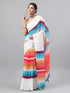 Vasthrlay White Printed Striped Linen Saree With Solid Linen Unstitched Blouse Piece For Women