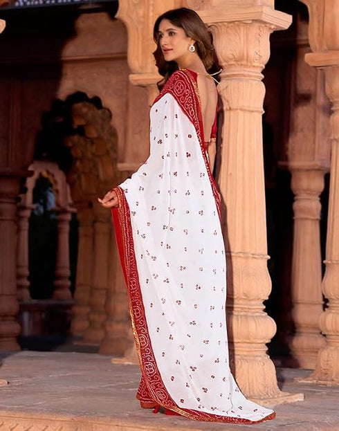 Vasthrlay Georgette Bandhani White And Dark Red Saree With Unstitched Blouse Piece