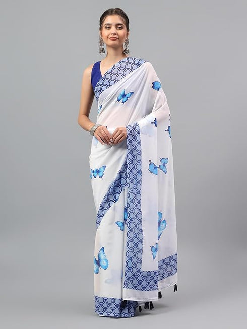 Vasthrlay White1 Floral| Solid| Striped Design Georgette Saree With Unstitched Blouse Piece