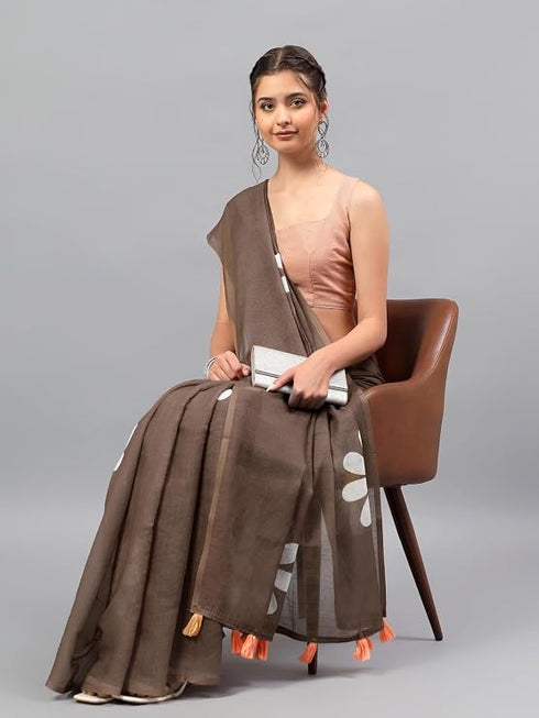 Vasthrlay Brown Womens Ready To Wear One Minute Linen Fabric Saree