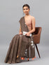 Vasthrlay Brown Linen Floral Printed Saree With Solid Unstitched Linen Blouse Piece