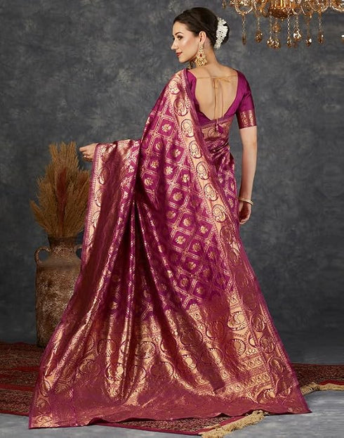 Vasthrlay Womens Jacquard Rani Pink Saree With Unstitched Blouse Piece