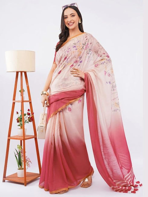 Vasthrlay Womens Peach Floral Digital Print Linen Saree With Unstitched Blouse Piece