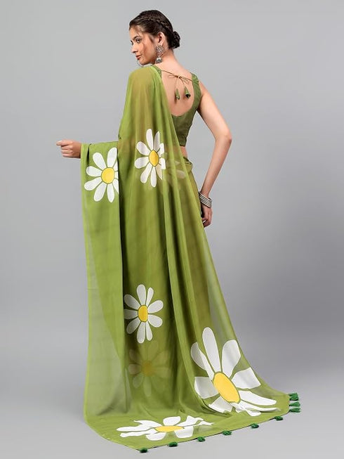 Vasthrlay Green Georgette Floral Printed Saree With Solid Unstitched Georgette Blouse Piece