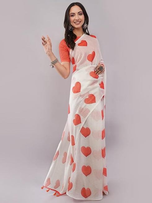 Vasthrlay White Printed Linen Saree With Unstitched Blouse Piece