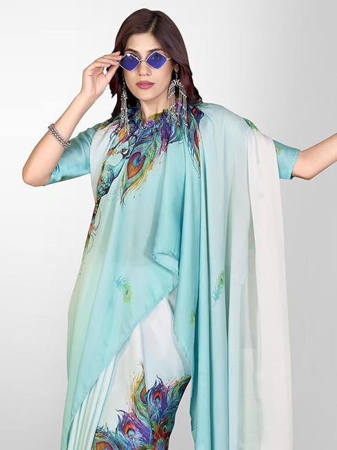 Vasthrlay Printed Kaftan Freehand Light Blue Women's Satin Saree With Unstitched Blouse Piece