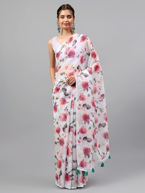 Vasthrlay Purple Sheer Spring Floral Printed Art Chiffon Saree With Unstitched Blouse